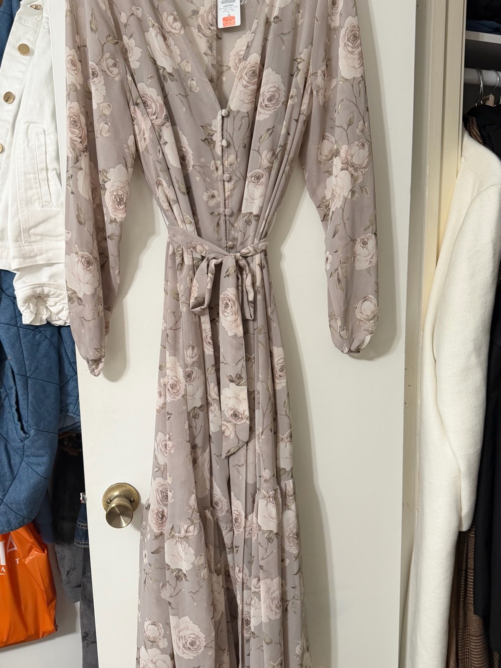 torrid Taupe Floral Wrap Maxi Dress with Cream Roses